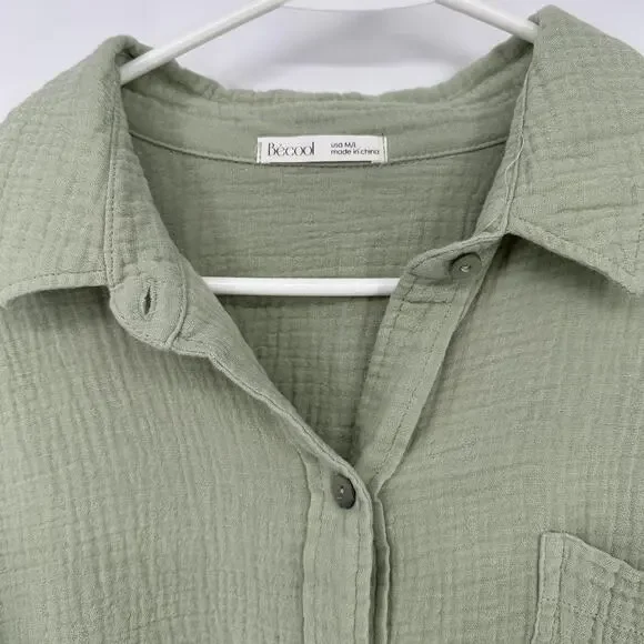 Be Cool Womens M/L Sage Green Gauze Cotton Button Front Roll Tab Oversized Top - Picture 4 of 12